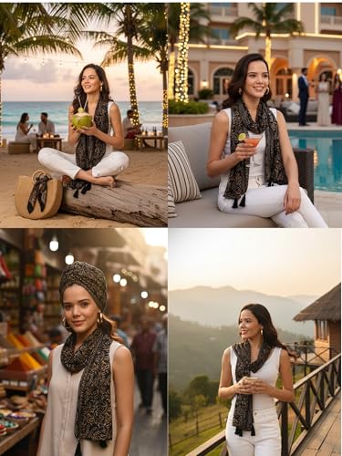 Image of KE KANHA EXPORT Women Scarf|Stole For Women|Scarf For Women Stylish|Stall For Women|Border Print Face Cover Head Wrap|Boho|Beach|Multicolor|180x50cm|Pack Of 1|FREE Scrunchie Included