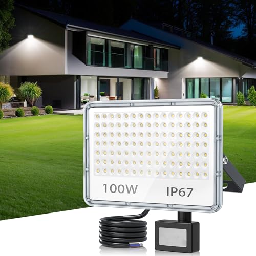TASINUO Foco LED con Sensor de Movimiento 100W, 10000LM 6500K Focos LED Exterior, IP67 Impermeable Luz con Sensor de Movimiento, 105 LEDs Luces Exterior para Jardin, Terraza, Garaje, Entrada