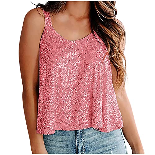 Girls Fashion Sequin Tank Tops Sparkle Shimmer Cami Vintage Disco Spaghetti Strap Sequin Camisole Bling Shirts Summer