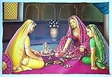 Indian Maharani Playing Choppad Rajasthani Miniature Oil Painting On Canvas