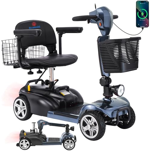 15-30 Miles 4 Wheels Mobility Scooter for Adults/Seniors, 350W Powered & 8/9″ tire Electric Wheelchair Device w/Removeable Battery, 2*Baskets/Rear Tail Lights, Compact Duty Mobile for Elderl