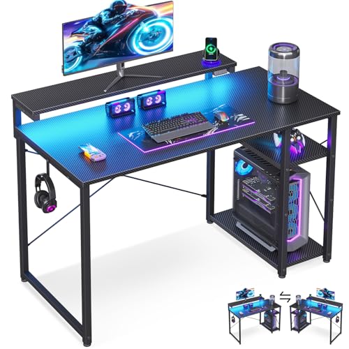 MOTPK 40 Inch Small Gaming Desk with Storage & Led Lights, Computer Desk with Shelf, Reversible...