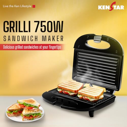 Kenstar GRILLI 750W Sandwich Grill Maker | Non-Stick 2-Slice Plates | Cool-Touch Body & Auto Cut-Off | Black view 2