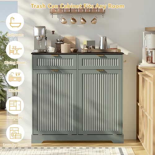 Image of Double 13 Gallon Tilt Out Trash Can Cabinet,Garbage Cabinet with Drawer | Hidden Garbage Storage with Fluted Design, Drawer & Hooks for Kitchen, Dining Room and Small Space Organization,Green