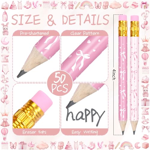 Lápices cortos con borrador lazo rosa 50 uds 4 pulg miniatura 2