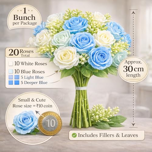 Image of Divyakosh Artificial Rose Flower Bunch for Vase (VASE NOT Included)| 20 Real Touch Blue & White Roses with Fillers & Leaves Faux Flower Bouquet for Home & Diwali Decor |