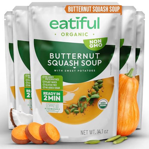 Image of EATIFUL Butternut Squash Soup, Ready To Eat Creamy Pumpkin Soup With Sweet Potatoes, Made With Organic Vegetables, Plant Based, No Added Preservatives, Gluten Free, NON GMO, 14.1 Ounce (Pack of 5)