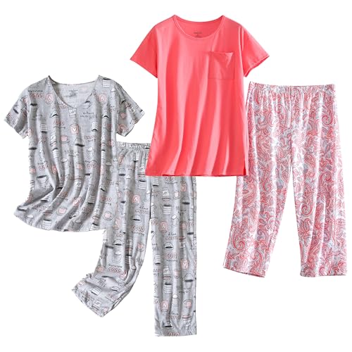 Image of PNAEONG 2 Pack Women's Cotton Pajama Sets Short Sleeve Sleepwear Tops with Capri Pants Summer Loungewear Pj Sets S-3XL