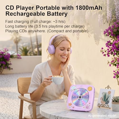 Image of Gueray Portable CD Player Bluetooth: CD Players for Home Rechargeable Desktop Wall Portable CD Player with Bluetooth & Dual Speakers 1800mAh Boombox FM Radio MP3 Music Player (Purple)