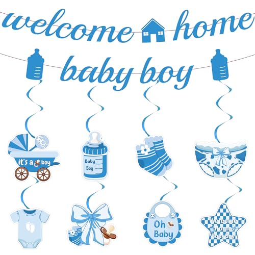 Willkommen Zuhause Baby Deko Junge - 10 Stück Blau Welcome Home Banner Hängend Wirbel Girlande Herzlich Wilkommensdeko Babyparty Baby Shower Dekoration Kleinkinderzimmer Home Deko