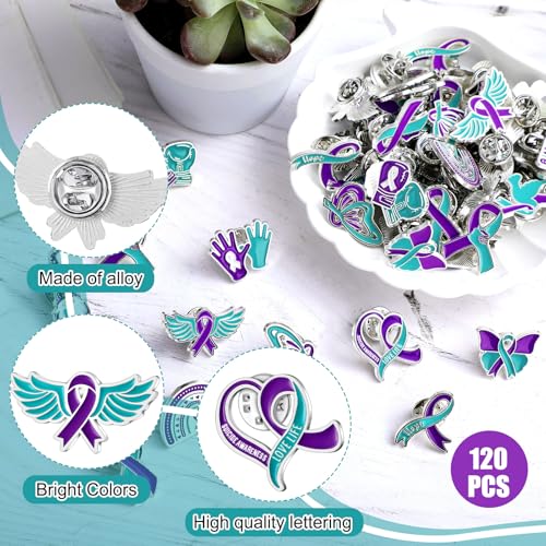 Suicide Awareness Pins Enamel Suicide Prevention Pins Teal and Purple Ribbon Lapel Pins Sexual Assault Awareness Pin Bulk for Social Public Charity Campaign Supplies, 12 Styles4