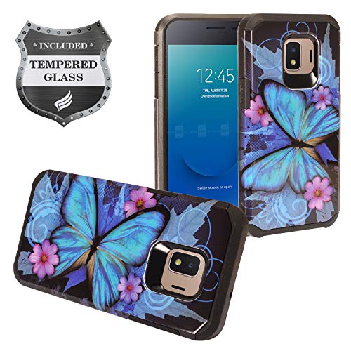 Eaglecell - Compatible with Samsung Galaxy J2 (MetroPCS), J2 Pure, J2 Dash, J2 Shine, J2 Core (2018), SM-J260 - Hybrid Image Hard Case + Tempered Glass Screen Protector - AD1 Butterfly