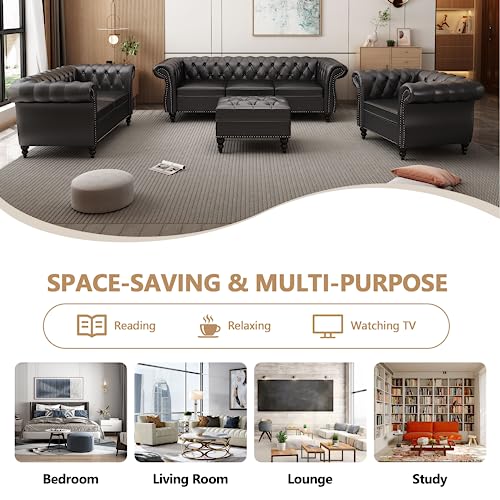 Image of QHITTY Accent Large Sofa, Chesterfield Couch 3 Seater Modern Leather Couch Upholstered Sofa with Tufted Back for Living Room Furniture (Black)