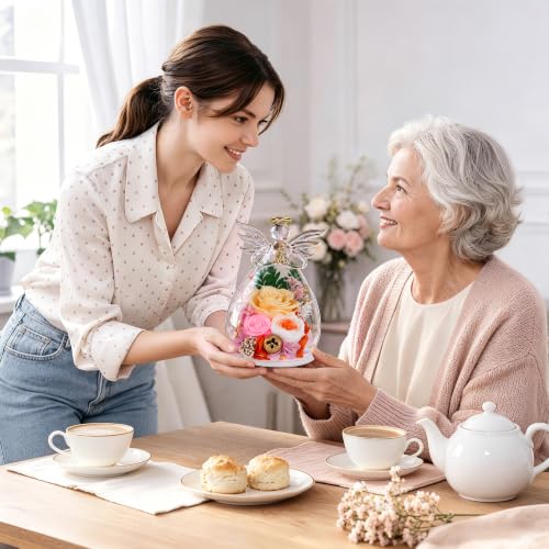 Image of encavy Birthday Gifts for Women,Fresh Flowers for Delivery,Preserved Rose Flowers in Angel Figurines,Light Up Champagne Angel Real Rainbow Roses for Mom Grandma Wife Her Girlfriend Anniversary