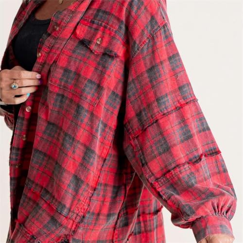 Women's Seams Raw Edge Washed Oversized Shirt Jacket Boyfriend Button Down Tartan Long Jacket Coats with Pockets2