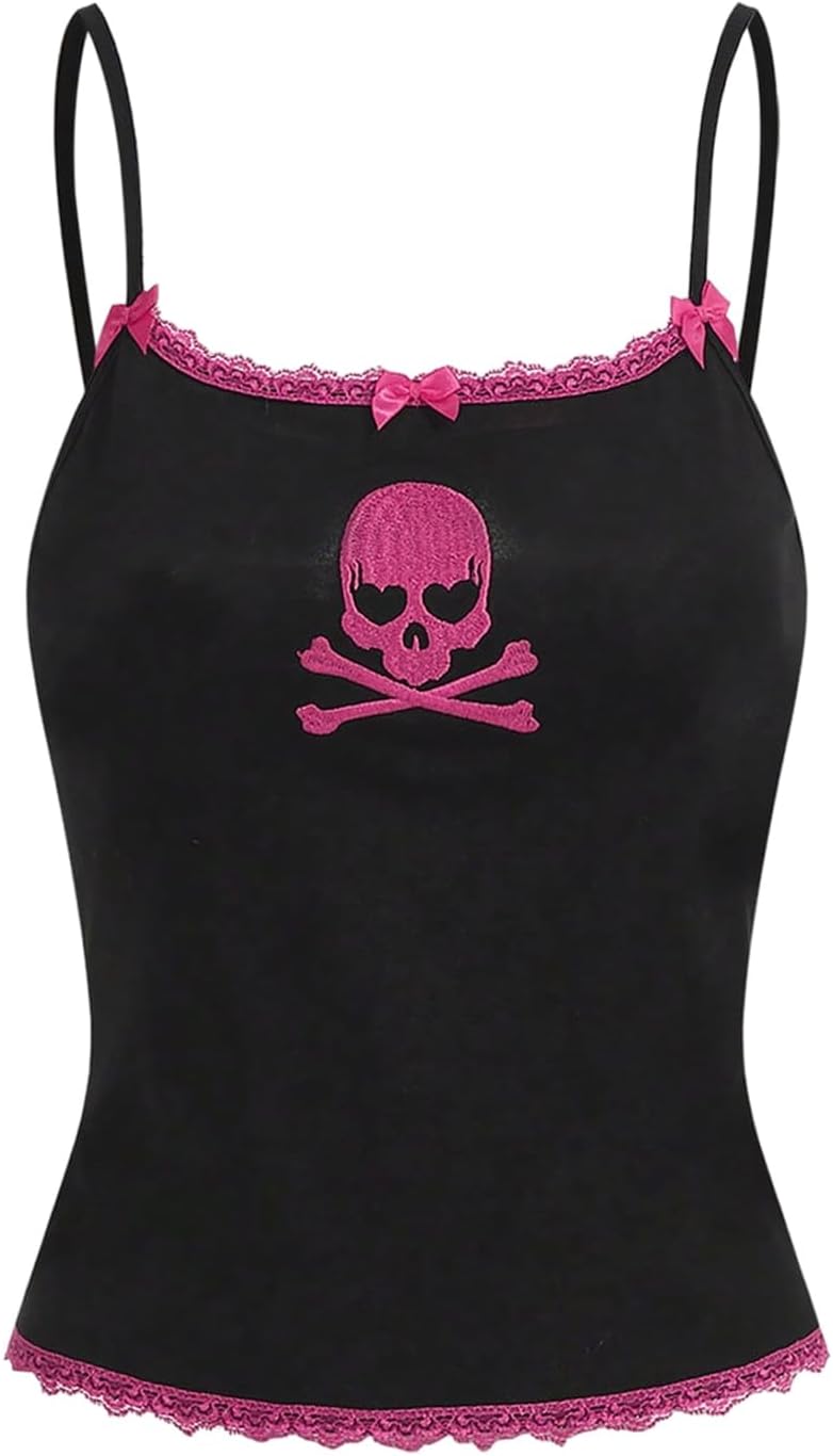 SHENHE Women's Skull Embroidered Cami Top Y2k Gothic Lace Trim Bow Grunge Crop Tops