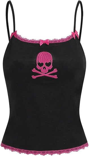 Women's Y2k Gothic Cami Top Skull Embroidered Lace Trim Bow Grunge Camisole Tank