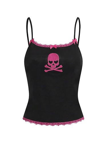 SHENHE Women's Skull Embroidered Cami Top Y2k Gothic Lace Trim Bow Grunge Crop Tops - Small - Black