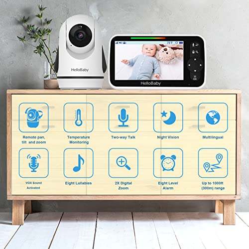 Image of HelloBaby 5 Inch Video Baby Monitor with 720p Camera and Audio, Remote Pan-Tilt-Zoom Camera with Night Vision, 2-Way Talk, Temperature, 8 Lullabies and 1000ft Range Baby Monitor No WiFi Needed