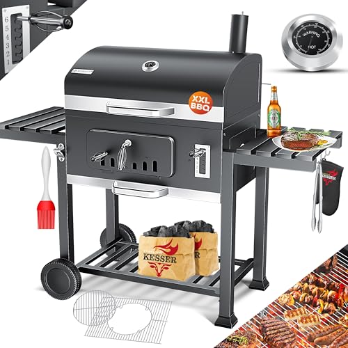 KESSER® Holzkohlegrill XXL Grillwagen mit Deckel & Thermometer – großer BBQ Kohlegrill Wagen, Smoker Grill mit Kamin & Lüftung, mit Grillrost, Warmhalterost, Rädern, Ablage & Aschebehälter
