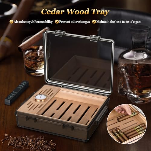 Image of Acrylic Cigar Humidor, Clear Cigar Box with Hygrometer, Humidifier and Cedar Wood Tray, Desktop Cigar Case Can Hold About 20-30 Cigars (Grey)