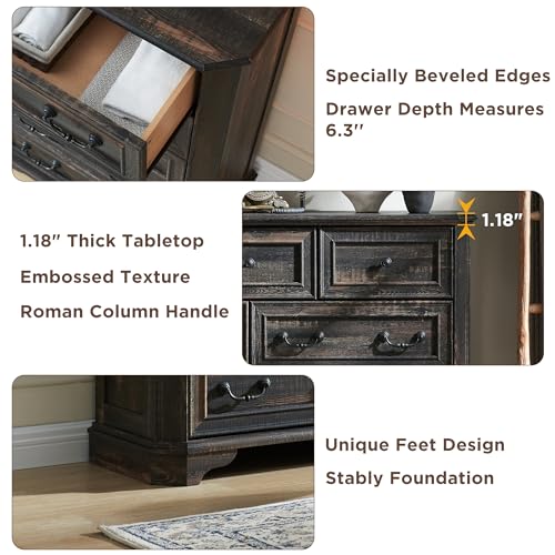 T4TREAM Farmhouse 7 Drawers Dresser for Bedroom, 54" Wide Wood Rustic Chest of Drawers with Natural Texture, Vintage Design, Storage Dressers Organizer for Bedroom, Living Room, Dark Rustic Oak