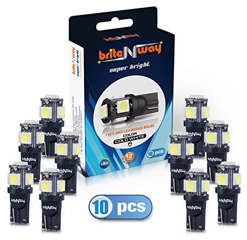 T10 Wedge Type - W5W 194 168 5050 5-SMD Cool White LED 12V Interior Car Light Bulbs - Pack of 10 - Direct Replacment and Reverse - Auto - RV - Used For Signal, Dome, Trunk, Dashboard, Parking Lights