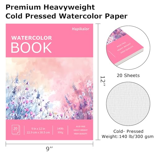 Image of Watercolor Paper Pad 9x12, 140lb /300gsm Cold Press Drawing Paper, 20 Sheets Acid-Free Artist Sketchbook for Wet Media, Gouache & Acrylic, Double Sided Painting Paper (Pink Cover)
