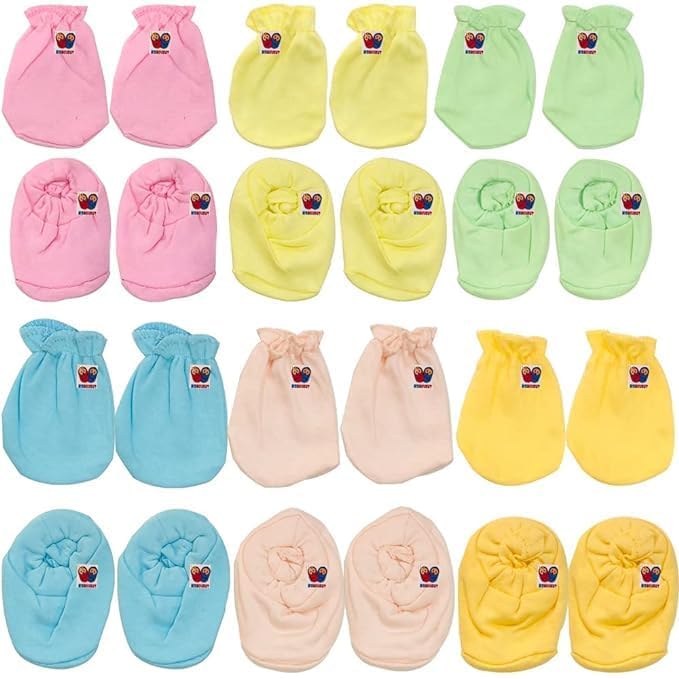 Newborn Baby Soft Organic Cotton Hosiery Mittens and Booties Combo (6 Colors, 0-6 Months)(COMBO OF 12 PAIRS)