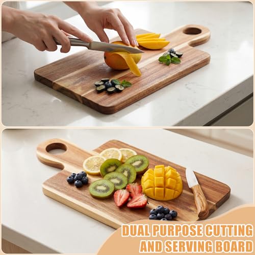 Image of 10 Pcs Acacia Wood Cutting Board with Handle Bulk 13.8 x 7.9'' Square Charcuterie Chopping Board for Pizza Cheese Meat Decorative Natural Wooden Serving Tray for Kitchen and Dining Room