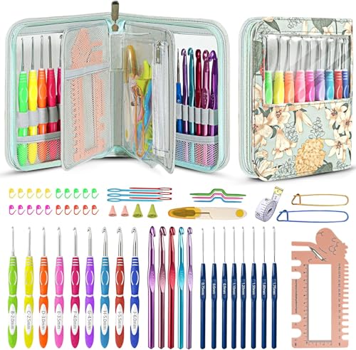 かぎ針 編み針 22本レース針 61点セット 手芸 編み物 毛糸 DIY 工具 帽子 セーター 初心者 編み物手芸 基本入門キット ケース付き 小物付き 段数マーカー リングナイフ 縫い針 巻尺 目数段数計 毛糸針 ケース付きかぎ針編みフックキット グリップ カラフルなソフト ハンドルかぎ針編みのフック - 収納ケース付き かぎ針編み 初心者向け ダブルカラー ソフトハムドル (グリーン)の商品画像（Amazon）