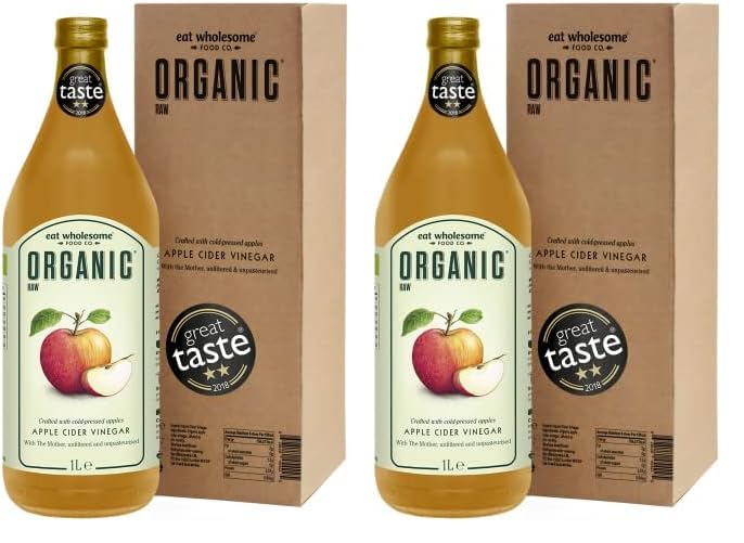 Eat Wholesome Vinagre de Sidra de Manzana Cruda Ecológica sin Filtrar con la Madre, Botella de Vidrio en Caja, 1L (Paquete de 2)