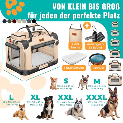 LOVPET® Transportbox Hund Katze Transporttasche XXXL 102x70x70cm | Hunde-Tragetasche Faltbare Katzentasche | Haustier-Transportbox inkl. Hundenapf & Schultergurt | für Katzen & Hunde Beige