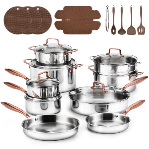 Image of CAROTE 30 PCS Tri-Ply Stainless Steel Cookware Set, Pots and Pans Set, Non Toxic Induction Kitchen Cooking Sets, Gold