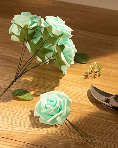 DuHouse 25Pcs Artificial Roses Flowers Fake Rose with Stems Real Touch Foam Flower Head for DIY Wedding Bridal Bouquet Baby Shower Centerpiece Floral Arrangement Party Home Decor(Mint Green) - Image 2
