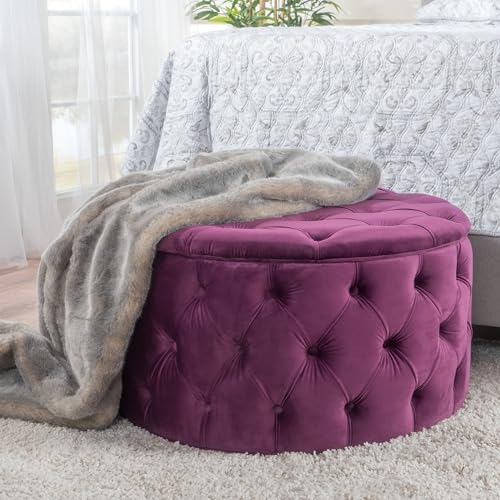 ALYIAMXL 29.5'' Velvet Ottoman Large Round Ottoman Coffee Table Button Tufted Upholstered Foot Stool Oversized Footrest for Living Room Bedroom (Fuchsia)