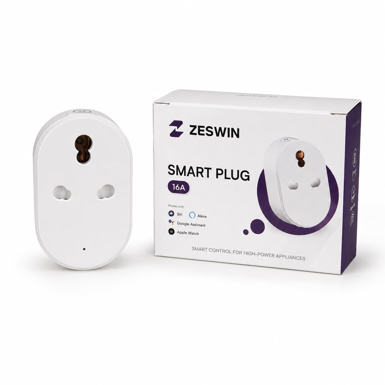 ZESWIN Volt One 16A Smart Plug Wi-Fi Enabled Heavy Duty Socket with Energy Monitoring and App Control Compatible with Alexa and Google Home Ideal for AC Geyser and Heavy Appliances White