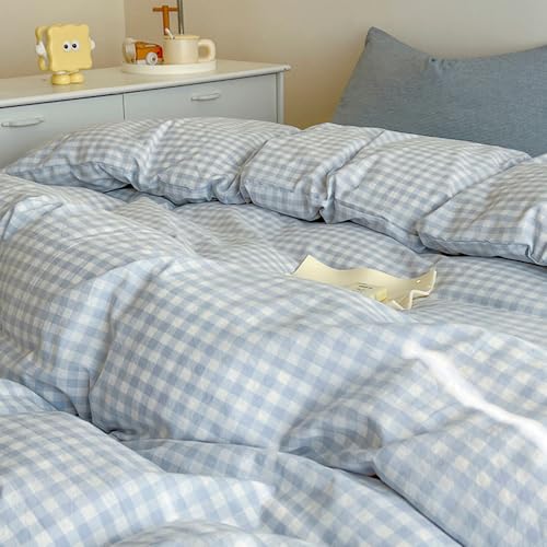 Covebett Juego de ropa de cama a cuadros de 135 x 200 cm, microfibra lavada, 2 piezas, diseño moderno de cuadros blanco y azul, funda nórdica con cremallera y funda de almohada de 80 x 80 cm - imagen 4