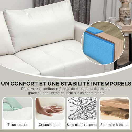 HOMCOM Canapé 3 Places Moderne 196 cm en Tissu Aspect Lin, Dossier et accoudoirs rembourrés, avec 2 Coussins, canapé de Salon, pour Chambre ou Bureau à Domicile, Pieds en Acier, crème – Image 6