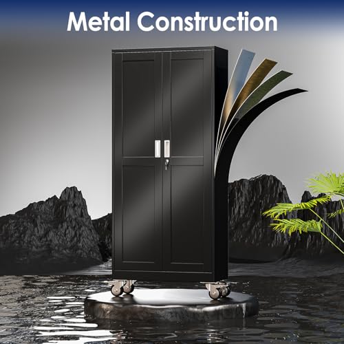 erosoei 71\" H Metal Garage Storage Cabinet, Rolling Tool Cabinet with 2 Doors and Wheels, Locker Steel Cabinet with 4 Adjustable Shelves, Organization Cabinet for Garage,Office,Home,Gym,School（Black） - Thumbnail 3