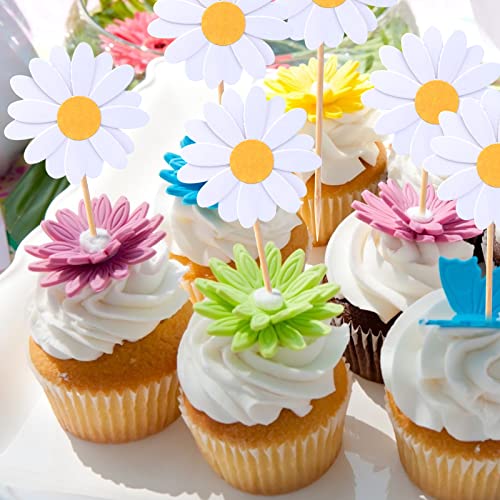 Juome 50 Pcs Daisy Cupcake Toppers, Daisy Flower Cake Topper Cupcake Picks For Baby Shower Girl Spring Birthday Wedding Party Cake Decorations Supplies (White) #TOP1
