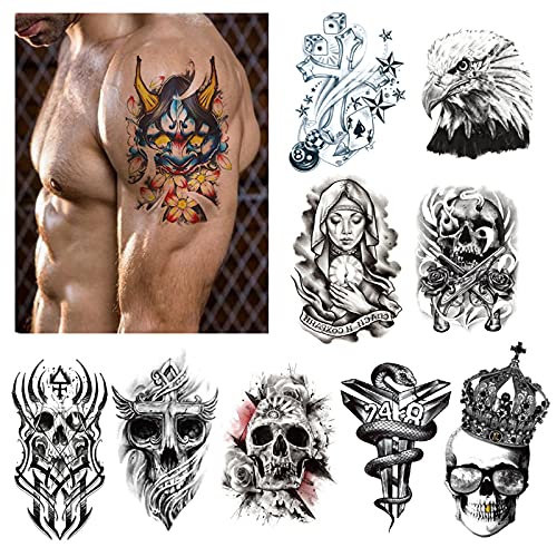 Alued 10 Sheets Temporary Tattoos , Temporary Sleeve Tattoos Fake Tattoos that Look Real, Arm Leg Waterproof Skull, Eagle, Portrait, Dragon Etc.Fake Tattoos for Men and Women