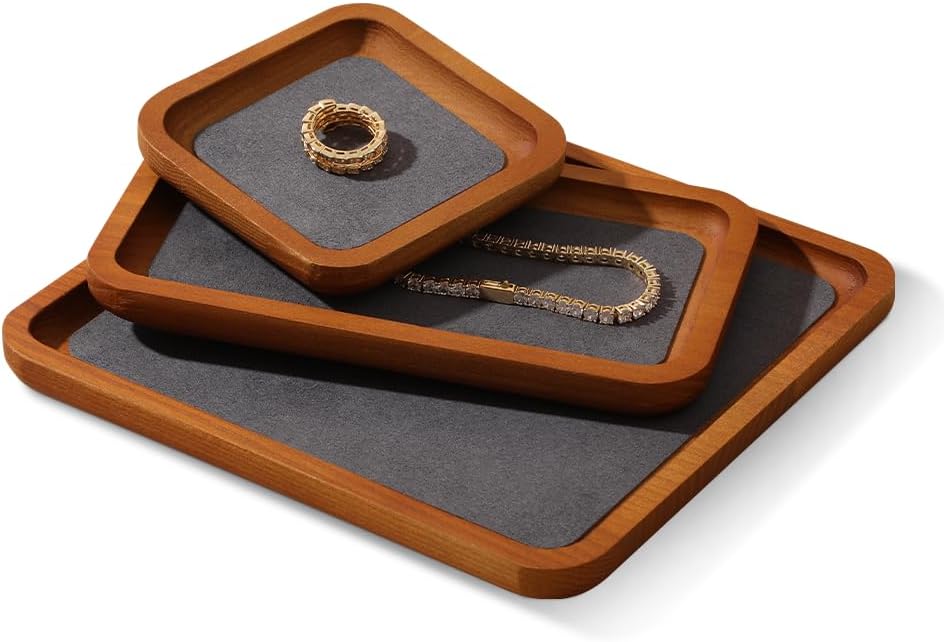 Wooden Jewelry Display Tray Rounded Rectangle Ring Showcase Stackable Elegant Bracelet Watch Jewelry Organizer for Personal Use and Commerce (Gray, Large-W 7'' x H 0.6'' x L 7.9'')