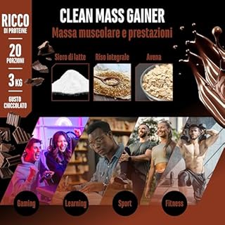 Clean Weight Gainer - 3 kg - Con Carboidrati Complessi e Proteine - Ideale per la Fase di Massa - Polvere per l’Aumento di Massa e di Peso - Vegetariano - Gusto Chocolate
