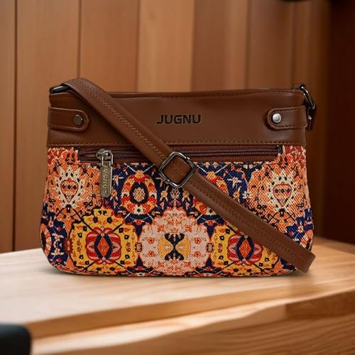 Image of JUGNU Sling Bag for Women, Jute Fabric, Crossbody Style, Slim Design, Multicolour, Medium Size, Lightweight, Adjustable Strap, Zipper Closure, 5 Pockets