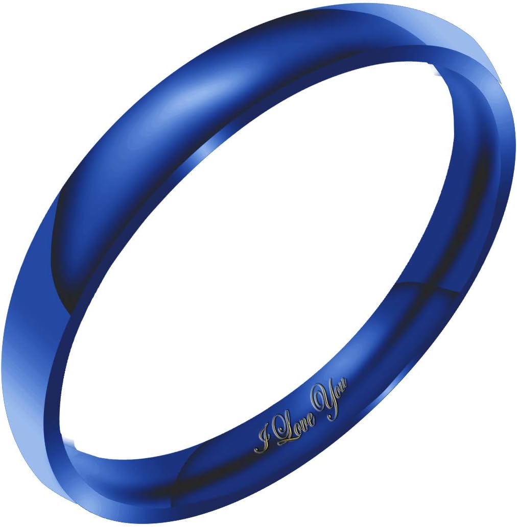 Everstone Women's Shiny Polish 3MM & 4MM & 6MM Dome Promise Ring Wedding Bands Titanium Ring Color: Blue Engraved I Love You