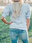 Oyamiki Femmes Puff Sweater manches courtes Tops Soft Lightweight Knit Blouse Crew Pullover Col Chemises