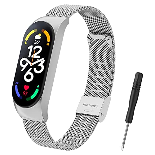 Mugust Correa Para Xiaomi Mi Band 7 Metal Correas,Pulsera de Repuesto de Inoxidable Hebilla Ajustable Correa para Mi Band 7 Metalica para Mujer y Hombre(Plata)