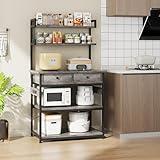 CAIYUN Estantería de Cocina con enchufes, estantería con Dos cajones de Madera, Estante para microondas, 5 Niveles, Estructura de Acero, 42 x 80 x 148 cm, Roble Gris.