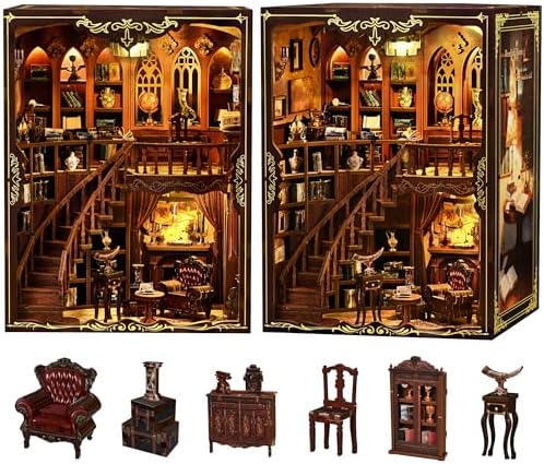 Book Nook Kit für Erwachsene - CRIOLPO DIY Miniatur Haus Holzpuzzle 3D Puppenhaus - Buchstütze für Bücherregal Deko mit Led Licht Kreatives Geschenk für Leser